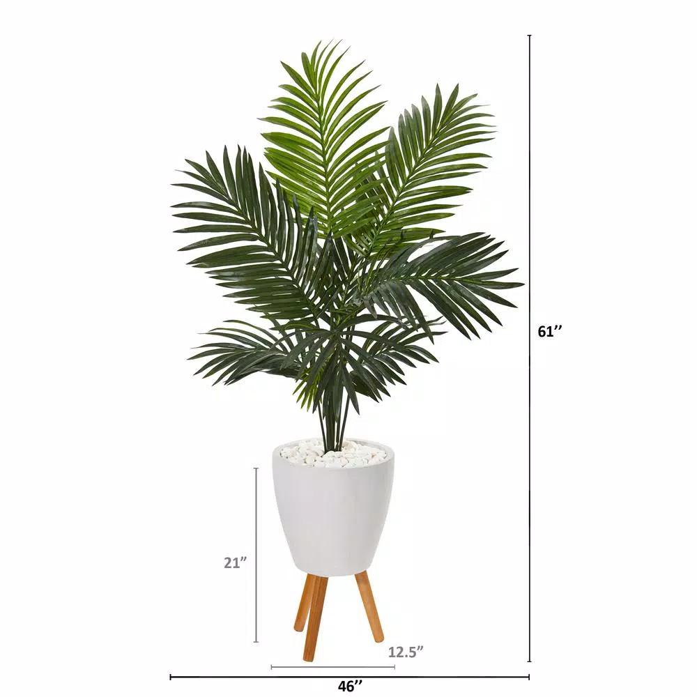 Nearly Natural 61 in. Paradise Palm Artificial Tree with White Planter and Wooden Stand