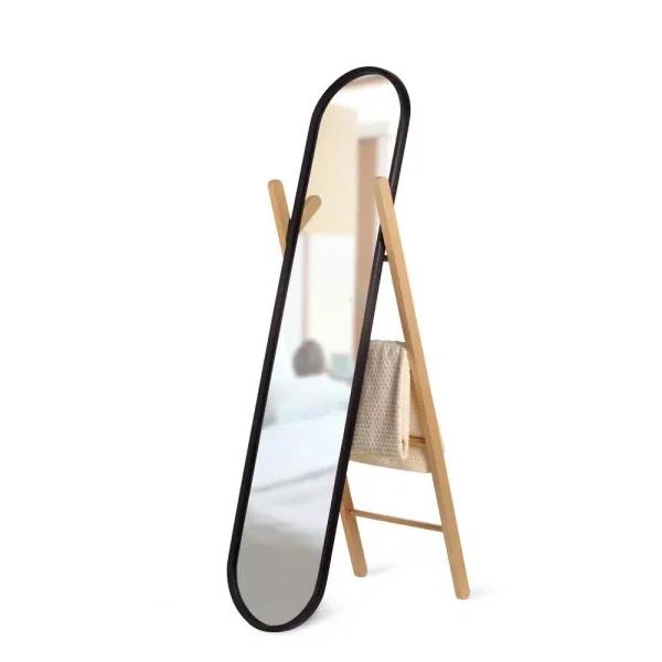 Umbra Modern Black Leaning Floor Mirror with Solid Wood Easel Storage Rack
