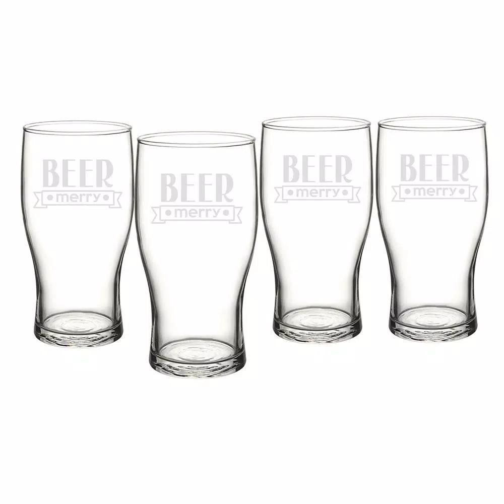 Cathy's Concepts Beer Merry Etched Glass Christmas Pilsner Glasses, 19 oz Set of 4