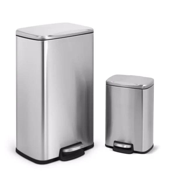 Innovaze Stainless Steel Step-On Trash Can Set - 8 Gal & 1.3 Gal Rectangular Kitchen and Bathroom Bins