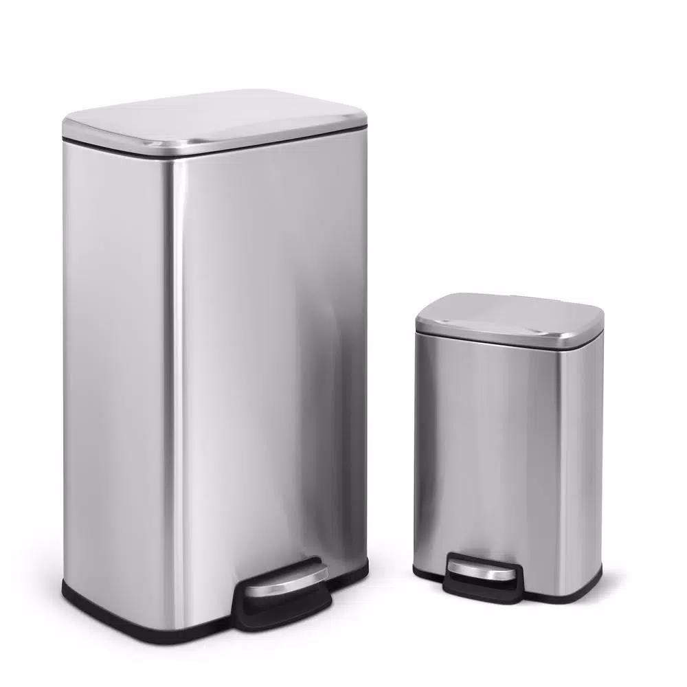 Innovaze Stainless Steel Step-On Trash Can Set - 8 Gal & 1.3 Gal Rectangular Kitchen and Bathroom Bins