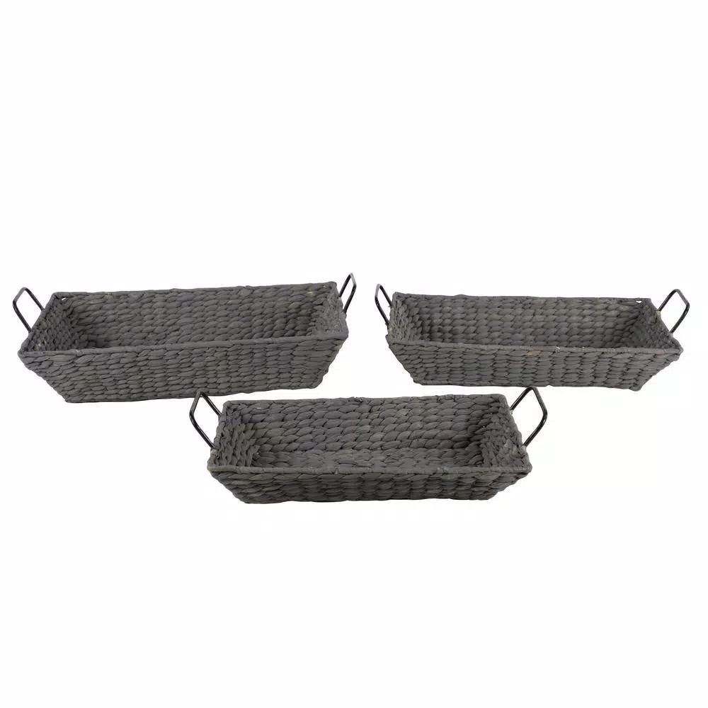 LITTON LANE Nesting Gray Seagrass Basket Trays with Black Metal Handles, Set of 3
