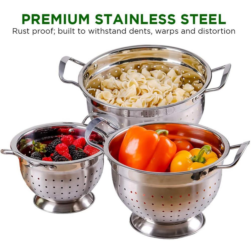 Ovente 3-Piece Stainless Steel Colander Set - 1.5qt, 3qt, 5qt - Dishwasher Safe