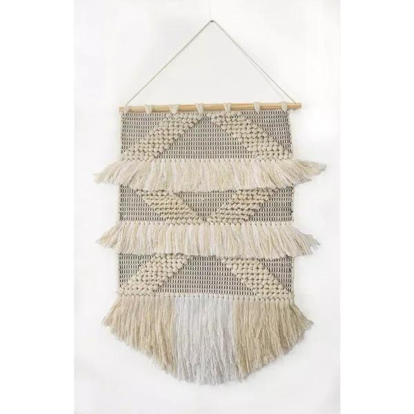 LR Home Fringed Diamond Ivory and Natural Tufted Cotton Wall Tapestry