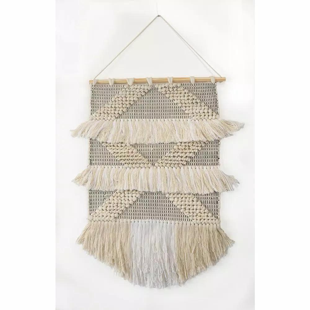 LR Home Fringed Diamond Ivory and Natural Tufted Cotton Wall Tapestry