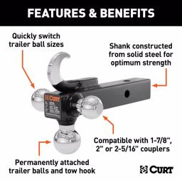 CURT Multi-Ball Mount with Tow Hook, 2" Solid Shank, 1-7/8", 2" & 2-5/16" Chrome Balls thumbnail 3