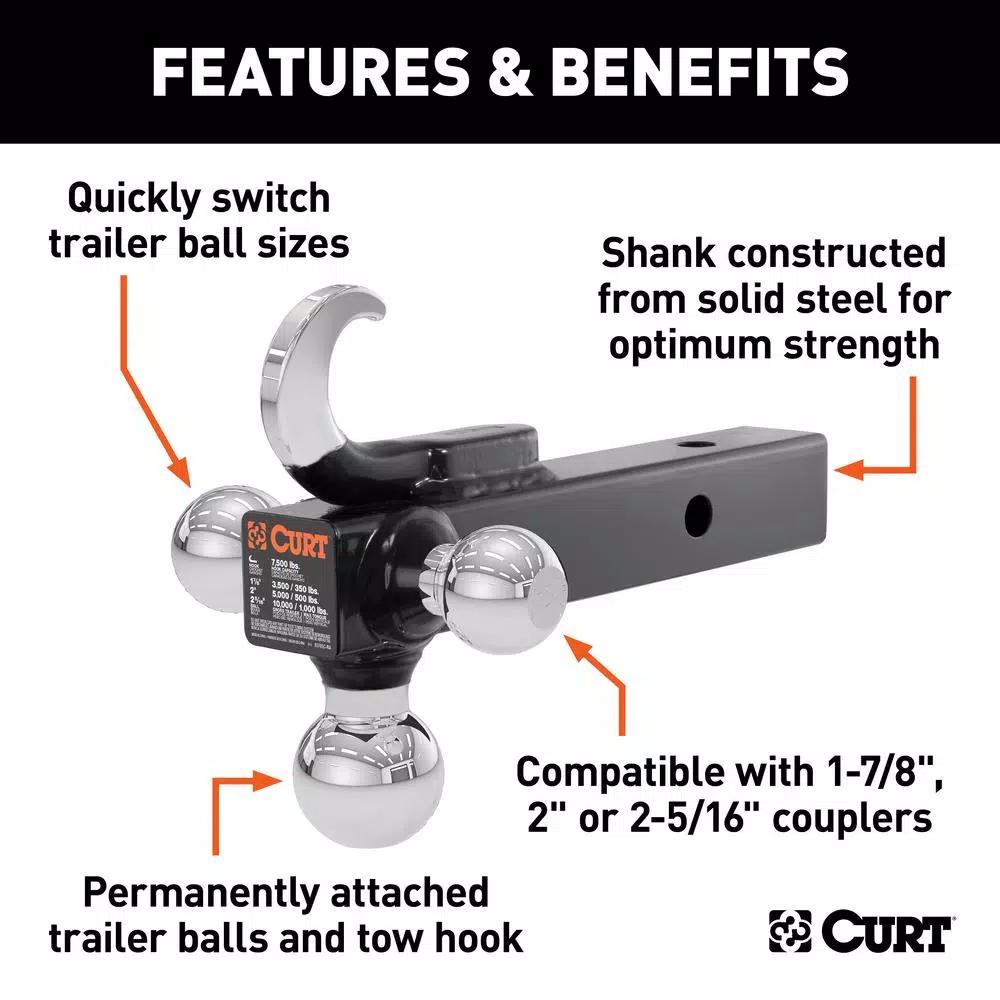 CURT Multi-Ball Mount with Tow Hook, 2" Solid Shank, 1-7/8", 2" & 2-5/16" Chrome Balls