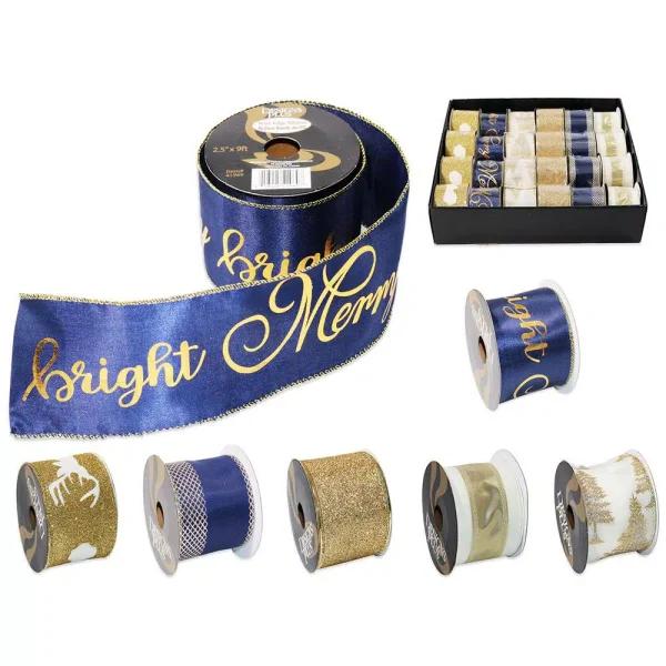 Unbranded 2.5 in. x 9 ft. Assorted Gold, Blue, and White Christmas Ribbon (24-Pack)