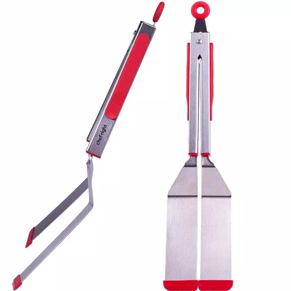Chefright QuickScoop Brushed Stainless Steel Spatula Tongs with Silicone Edge, Red (Set of 2)