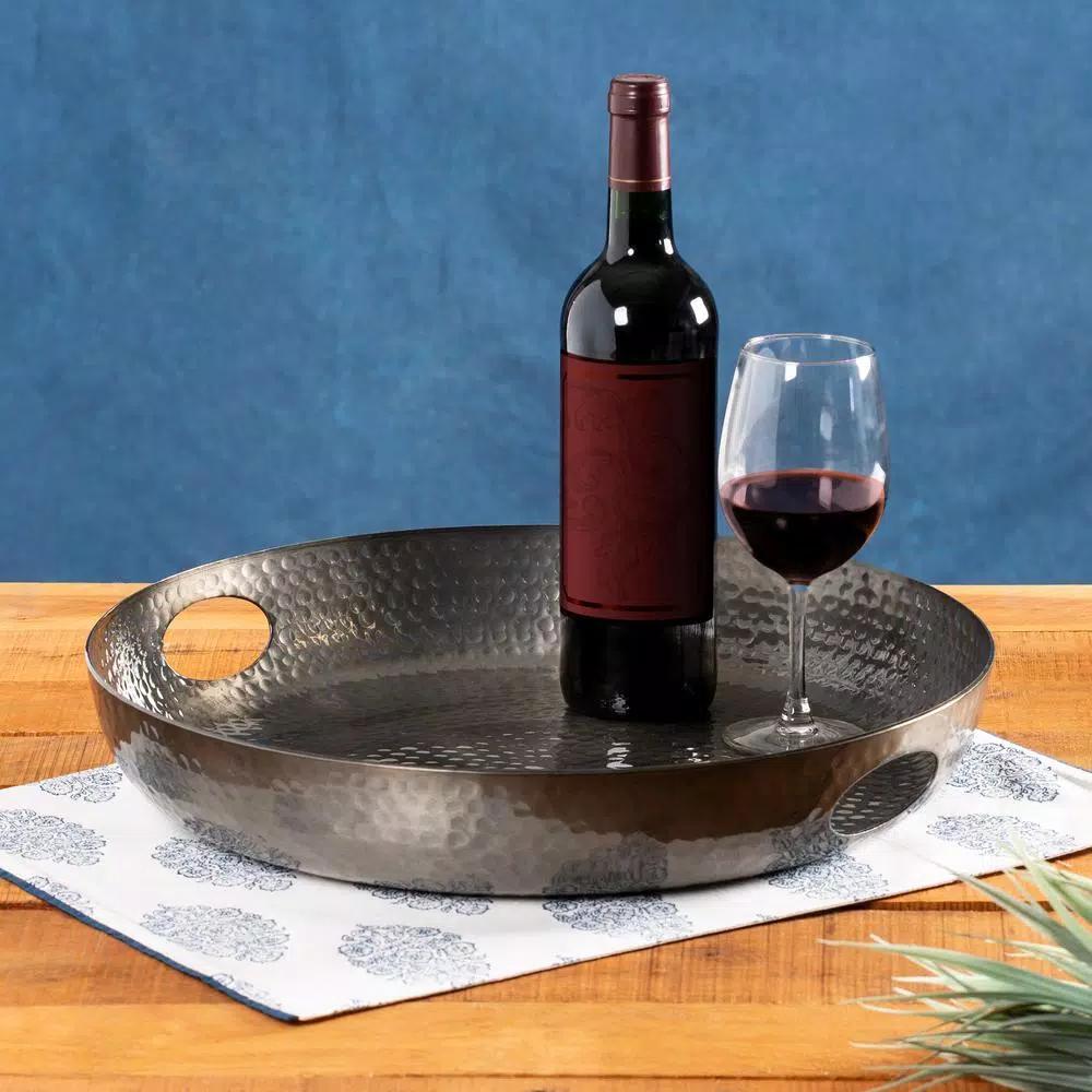 Honey-Can-Do Black Glossy Hammered Aluminum 16 in. Round Serving Tray with Handles