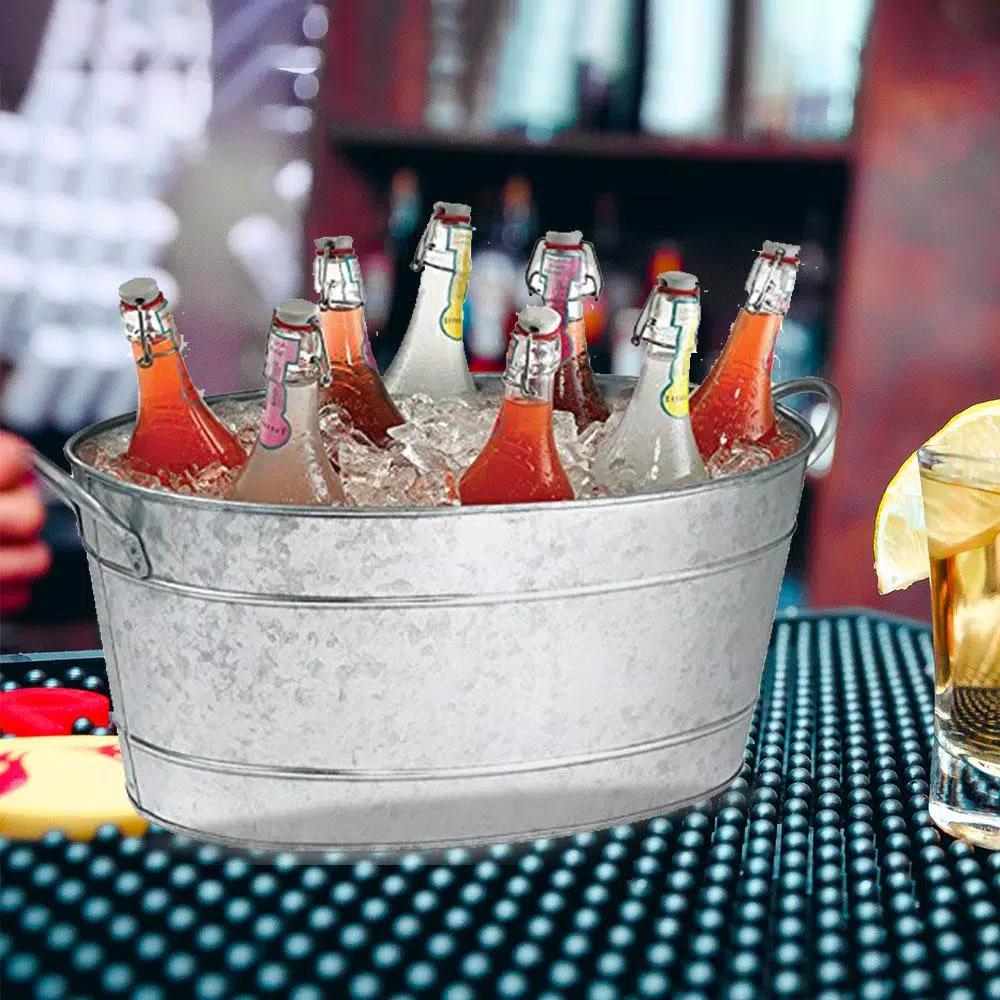 Benzara Galvanized Steel Beverage Tub with Handles, 29.5 Qt Oval Ice Bucket