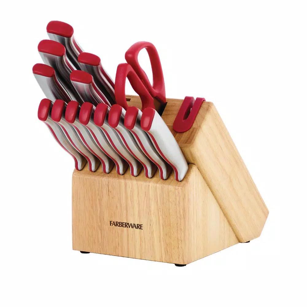 Farberware 15-Piece Edge Keeper Knife Set with Built-in Sharpener and Natural Wood Block