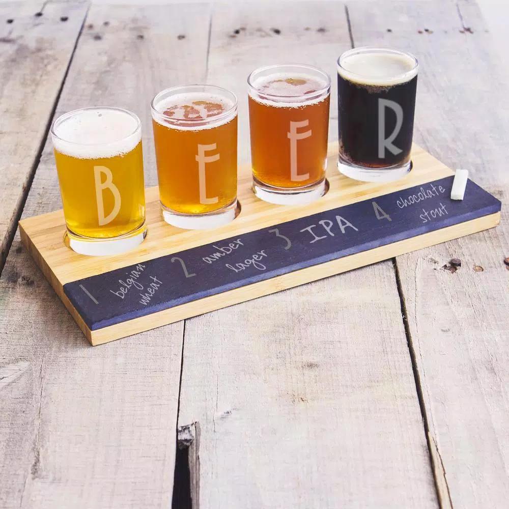 Cathy's Concepts Bamboo and Slate Craft Beer Tasting Flight Set with 4 Engraved 5.5 oz. Taster Glasses