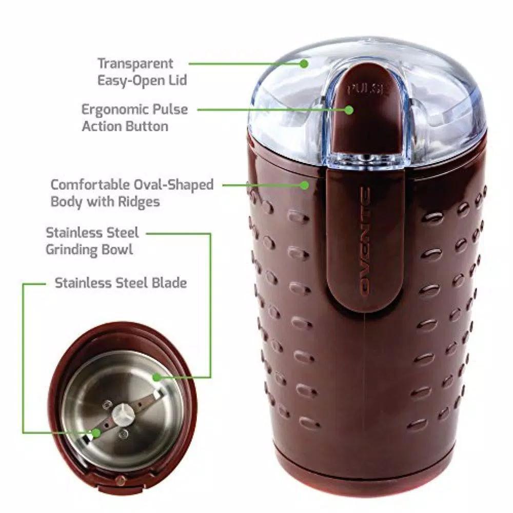 Ovente 2.5 oz. Electric Coffee Grinder with Stainless Steel Blades and Transparent Lid, Brown
