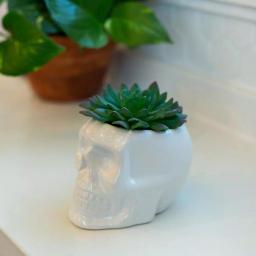 Flora Bunda White Ceramic Sugar Skull Succulent Planter with Artificial Plant, 4.5 x 3.5 in. thumbnail 3