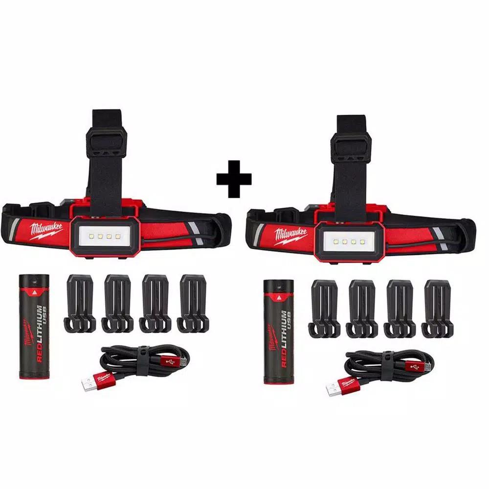 Milwaukee 600 Lumen LED USB Rechargeable Low-Profile Headlamp (2-Pack) with REDLITHIUM USB Batteries