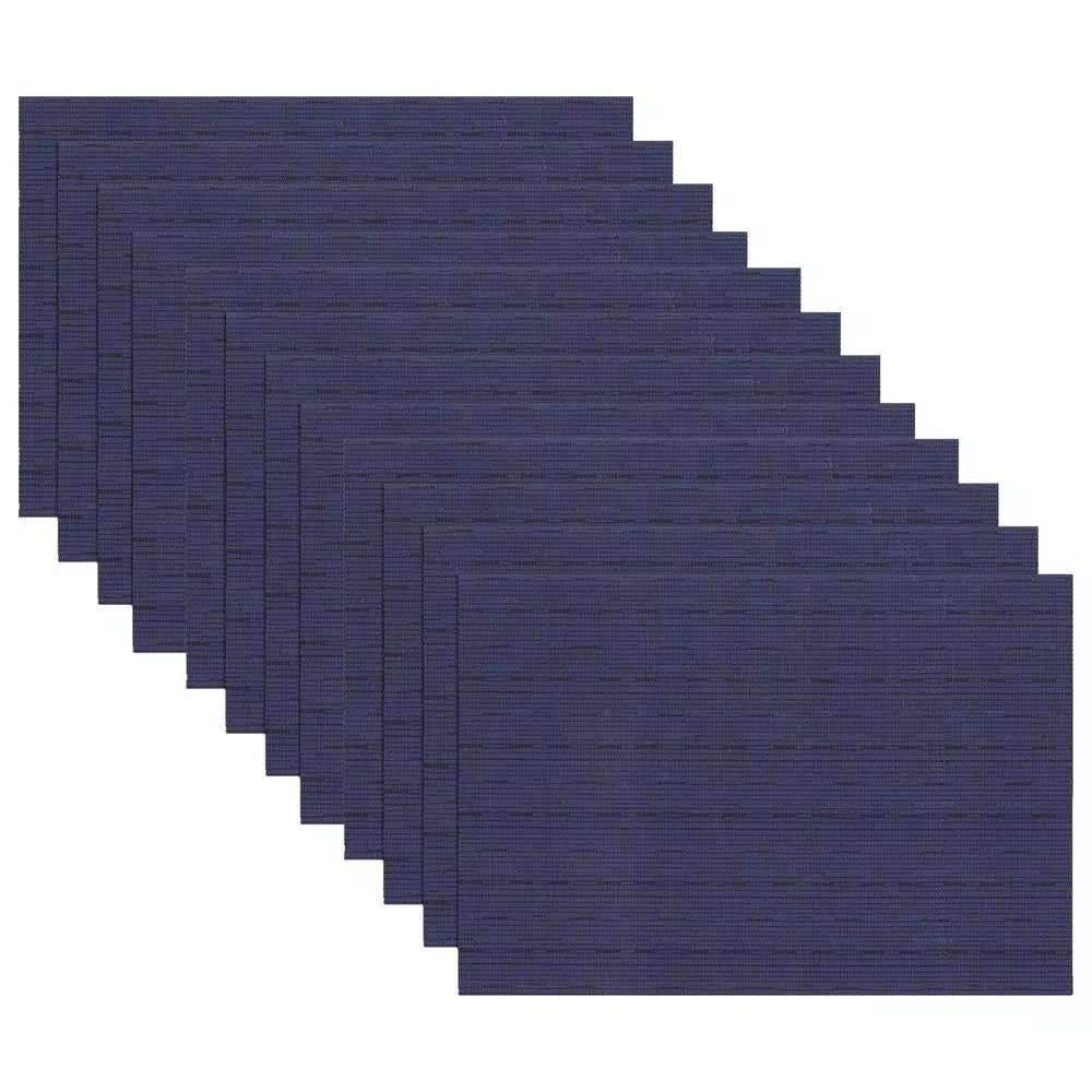 RITZ 12-Piece Blue Grass Cloth Woven Reversible Placemats, Indoor/Outdoor PVC & Polyester