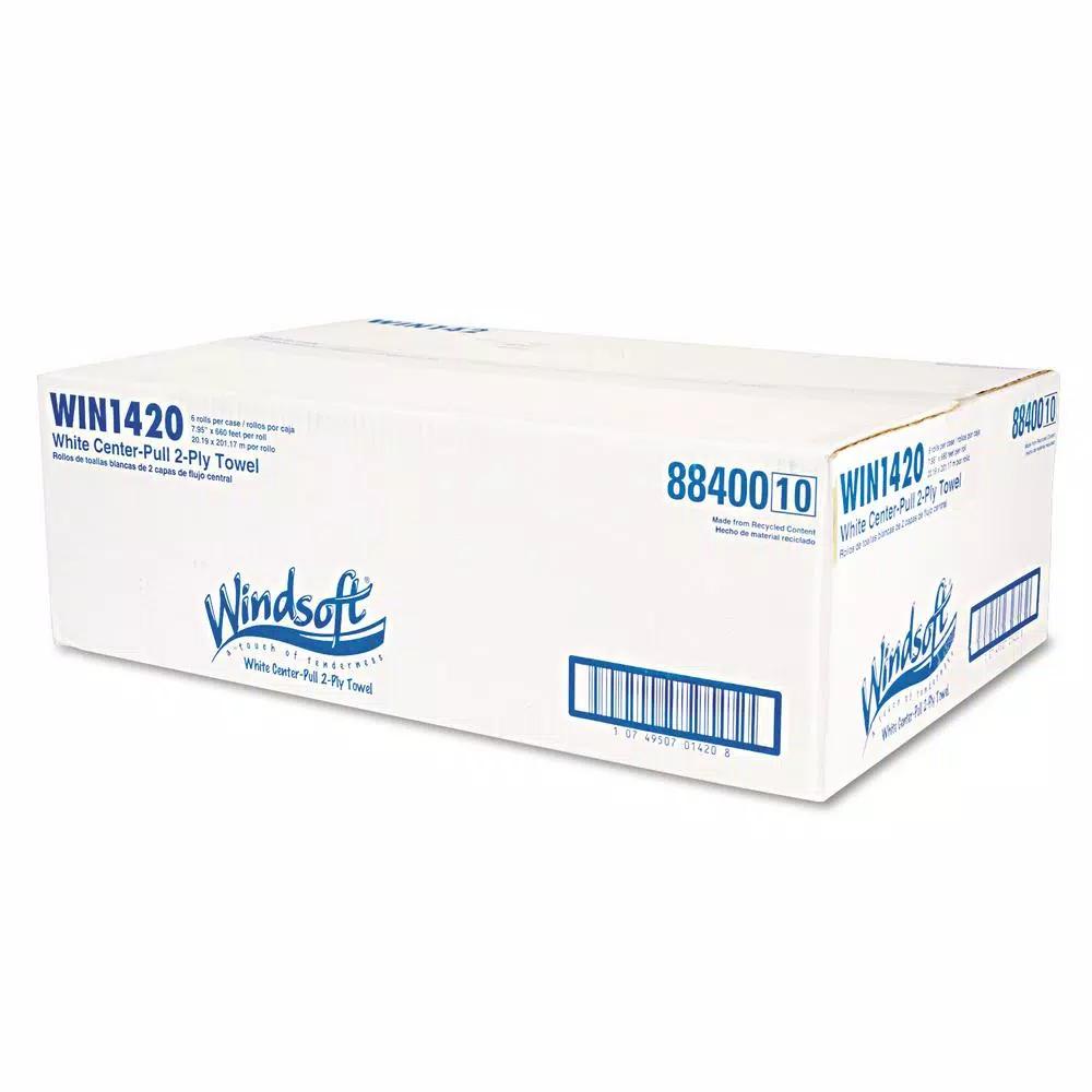 Windsoft Center-Flow Perforated Paper Towel Rolls, 2-Ply White, 8 x 13.5 in (6 Rolls per Carton)