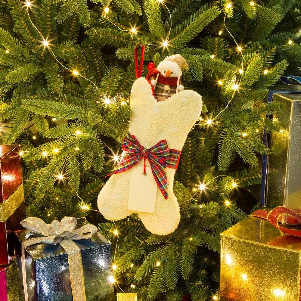 Glitzhome 12.5 in. White Dog Bone Shaped Christmas Stocking with Red Plaid Bow