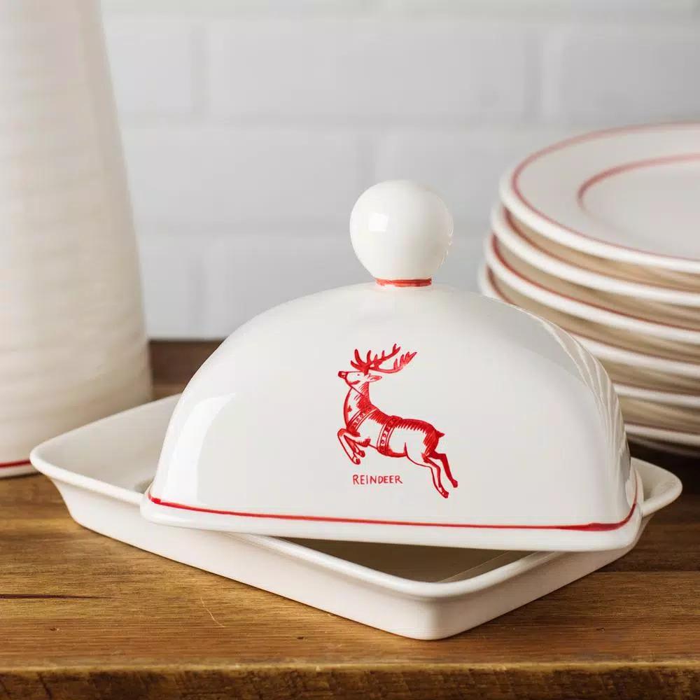 Molly Hatch Reindeer Stoneware Butter Dish, 6.75 in. Oval Holiday Serving Dish