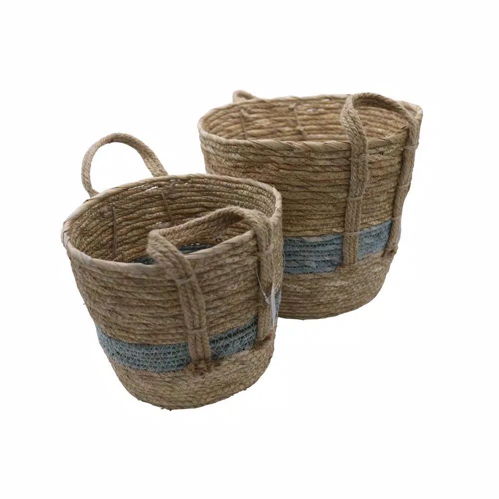 Admired By Nature Natural Blue Tone Fabric Nesting Storage Baskets with Handles, Seagrass Design (Set of 2)