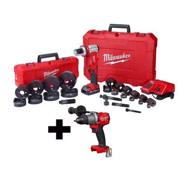 Milwaukee M18 FORCE LOGIC 6-Ton Knockout Tool Kit with 1/2 in. to 4 in. Die Set and M18 FUEL 1/2 in. Hammer Drill