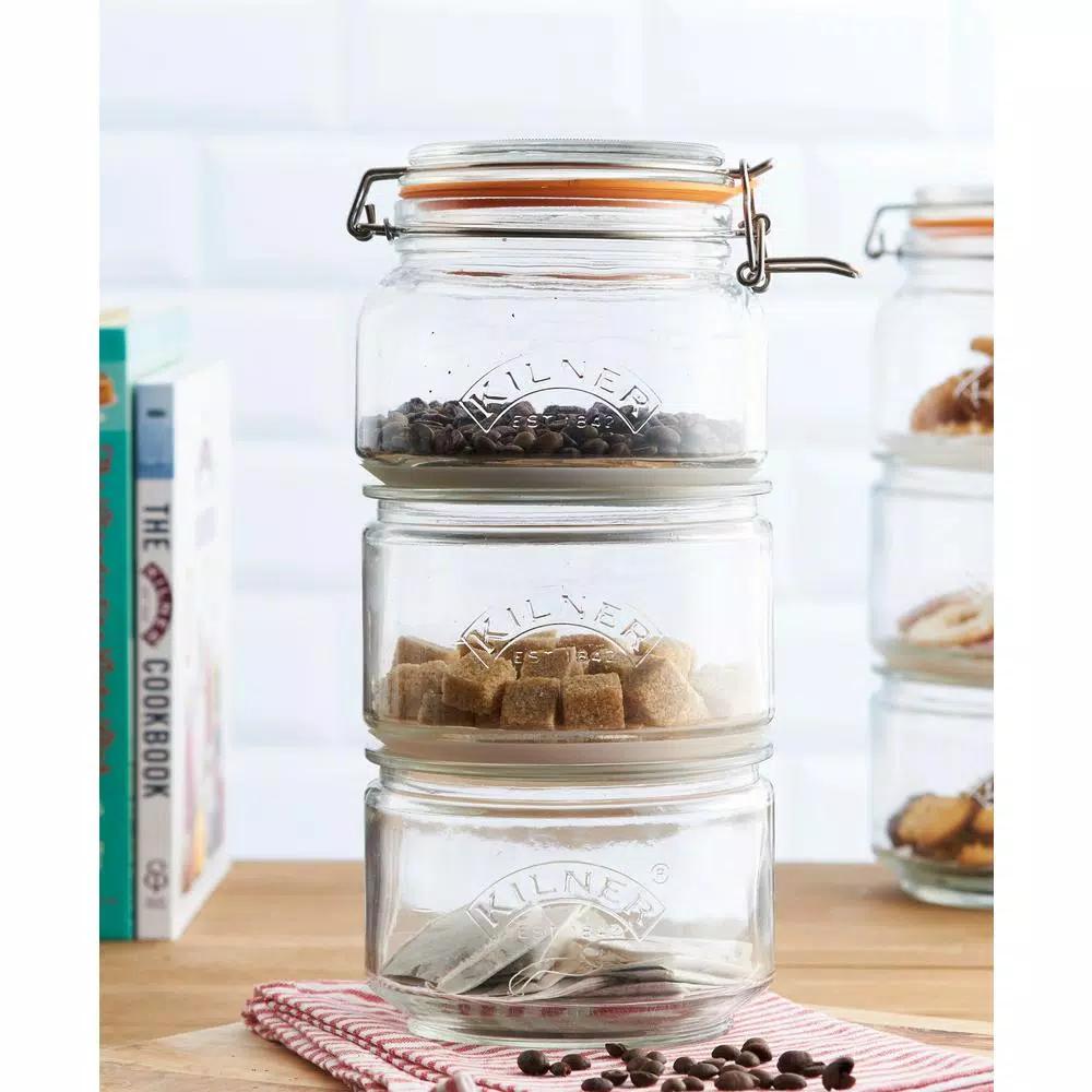 Kilner 4 Piece Stackable Glass Storage Jar Set with Clip Top and Push Top Lids