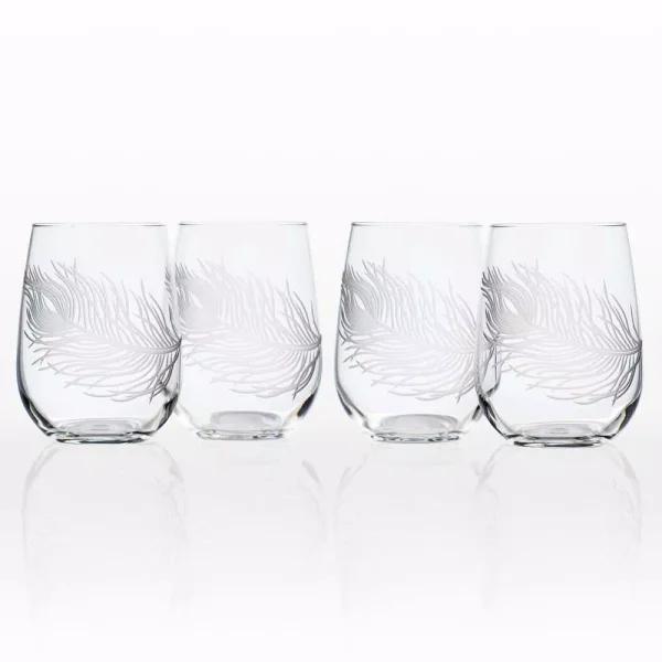Rolf Glass Peacock Etched Stemless Wine Glass Set of 4, 17 oz Clear Glass Tumblers