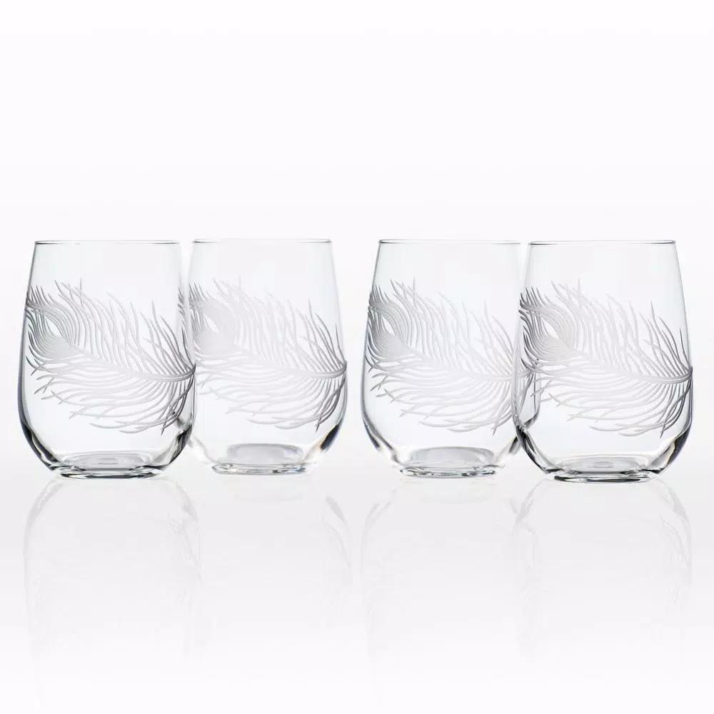 Rolf Glass Peacock Etched Stemless Wine Glass Set of 4, 17 oz Clear Glass Tumblers