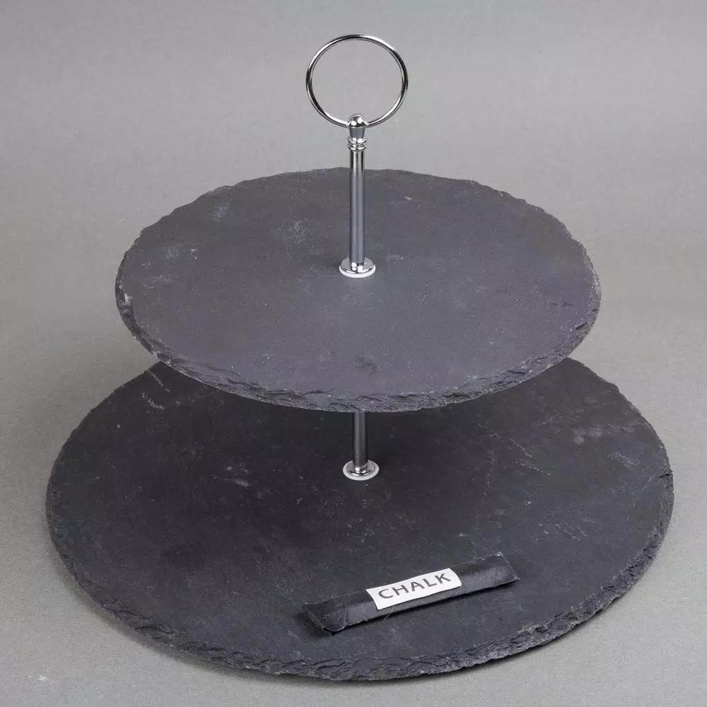 Creative Home 2-Tier Natural Black Slate Cake Stand with Zinc Alloy Handles - 12 inch Round Dessert Serving Tray