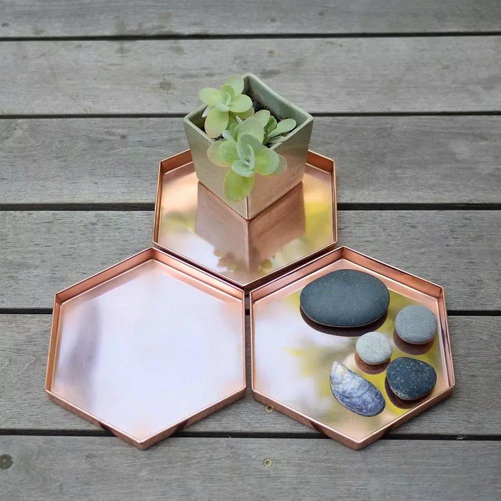 Achla Designs Hexagonal Copper Plated Stainless Steel Decorative Trays, Set of 3