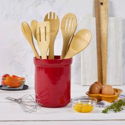 Basic Essentials 8-Piece Red Ceramic Kitchen Utensil Set with Bamboo Utensils and Storage Crock thumbnail 5