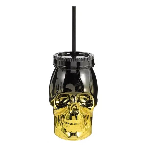 Amscan Metallic Skull Cup with Straw, 16 oz. Plastic Halloween Drinkware (3-Pack)