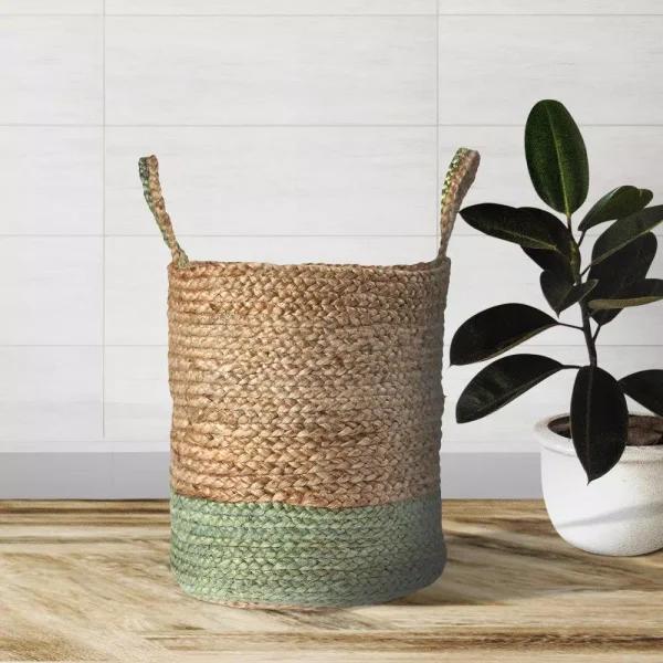 LR Home Wise Braided Natural Jute Decorative Basket with Handles, Green/Beige