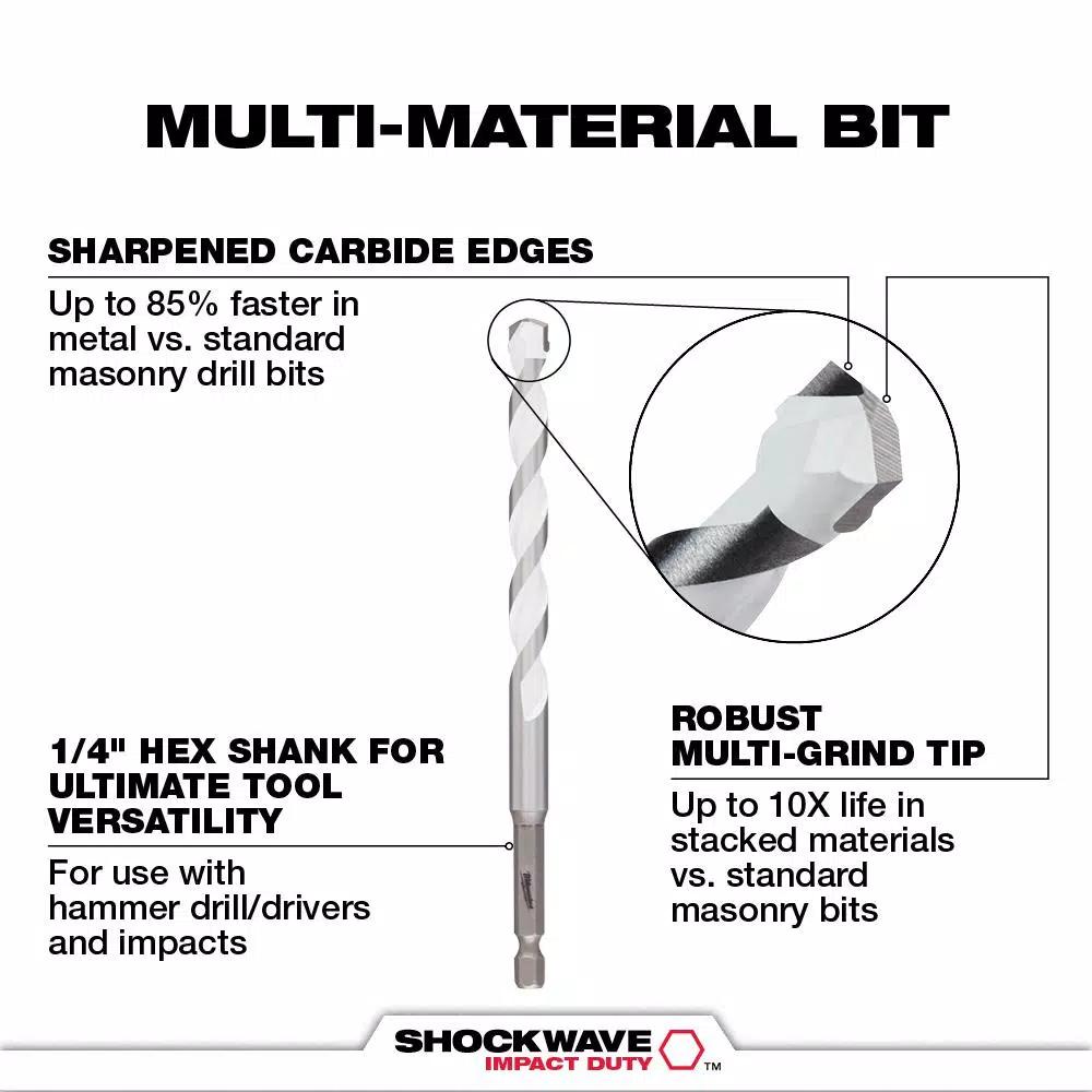 Milwaukee SHOCKWAVE 5/16 in. Carbide Multi-Material Drill Bit, 6 in. Length, 1/4 in. Hex Shank