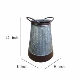 Benjara Gray and Brown Galvanized Metal Corrugated Decorative Flower Vase with Curved Side Handles thumbnail 7
