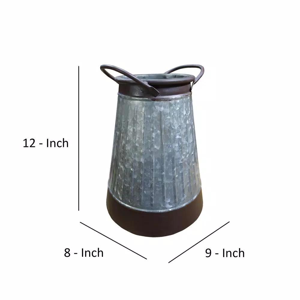 Benjara Gray and Brown Galvanized Metal Corrugated Decorative Flower Vase with Curved Side Handles