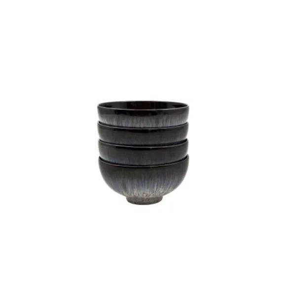 Denby Halo 4-Piece Rice Bowl Set, 5 in. Blue/Black Glazed Clay Serving Bowls