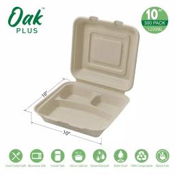 Unbranded 10 in. Natural Sugarcane 3-Compartment Clamshell Containers, 300 Pack thumbnail 3