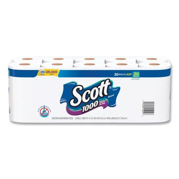 Scott 1-Ply Standard Roll Bathroom Tissue, 1000 Sheets Per Roll, 20 Rolls Per Pack