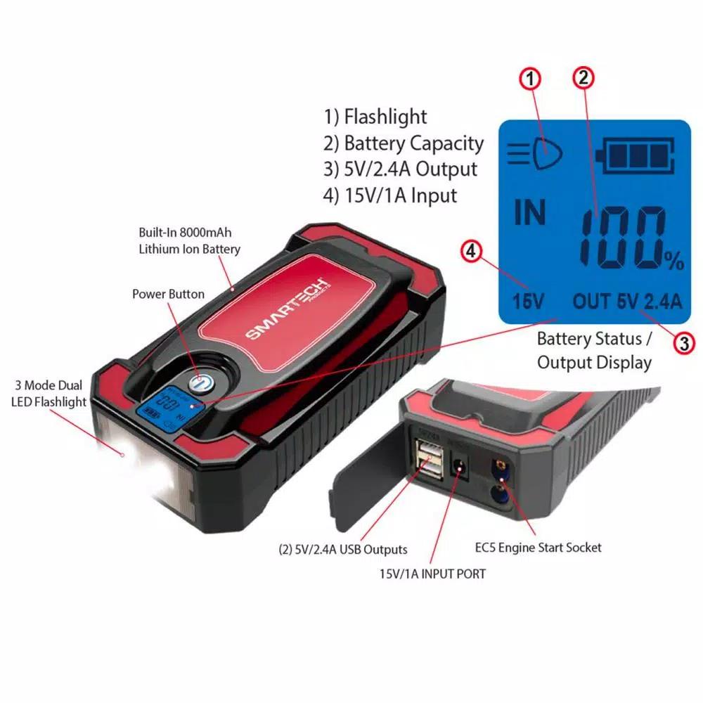 Smartech Products JS-8000N 8000 mAh Lithium Vehicle Jump Starter and Portable Power Bank
