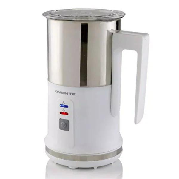 Ovente 3-in-1 Electric Milk Frother & Heater, White Stainless Steel with See-Through Lid