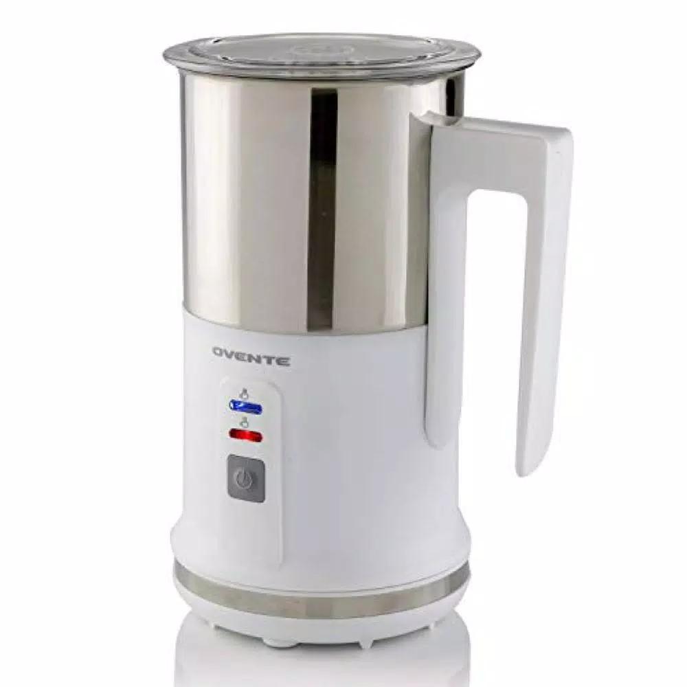 Ovente 3-in-1 Electric Milk Frother & Heater, White Stainless Steel with See-Through Lid