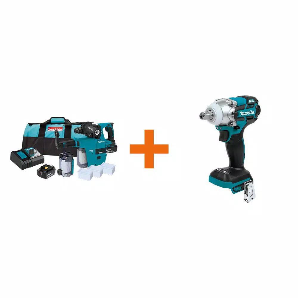 Makita 18V LXT Brushless 1 in. SDS-Plus Rotary Hammer Kit with HEPA Attachment & Bonus 1/2 in. Impact Wrench