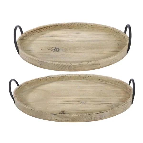A & B Home Farmers Market Natural Wood Round Serving Trays, Set of 2