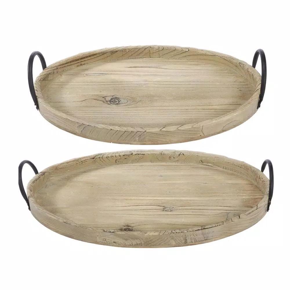 A & B Home Farmers Market Natural Wood Round Serving Trays, Set of 2
