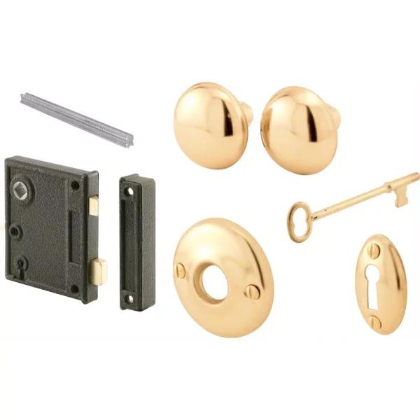 Prime-Line Antique Style Vertical Trim Lock Set, Brass Plated Cast Steel Knobs, 2-1/2 in. Backset