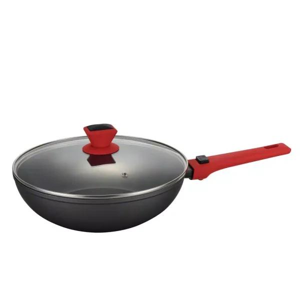 AMERCOOK 11 in. Aluminum Nonstick Wok with Lid and Detachable Handle, Scratch-Resistant Greblon C2+ Coating