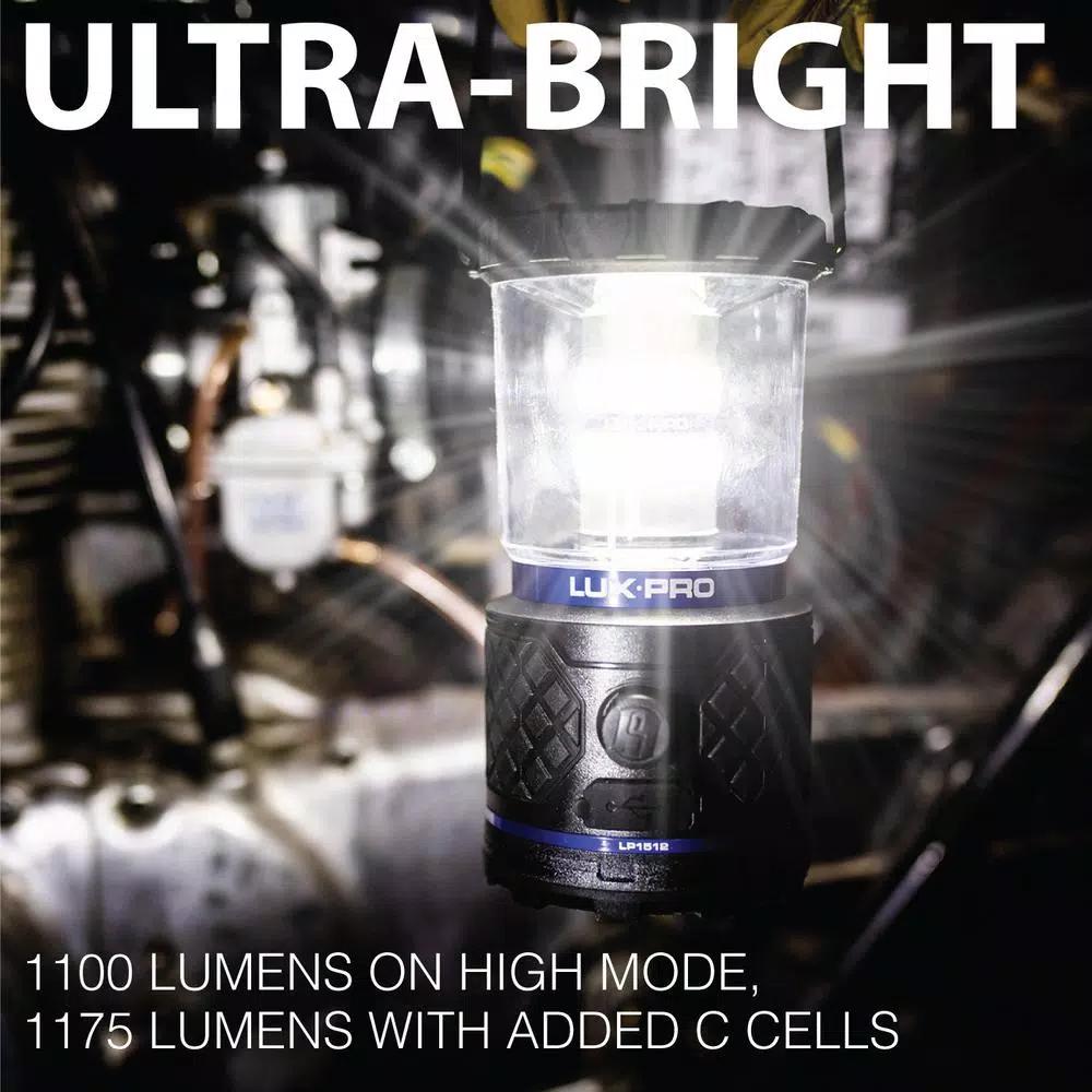 LUXPRO 1100 Lumen Dual Power 360° LED Lantern with Power Bank and TackGrip, Rechargeable & Battery Operated