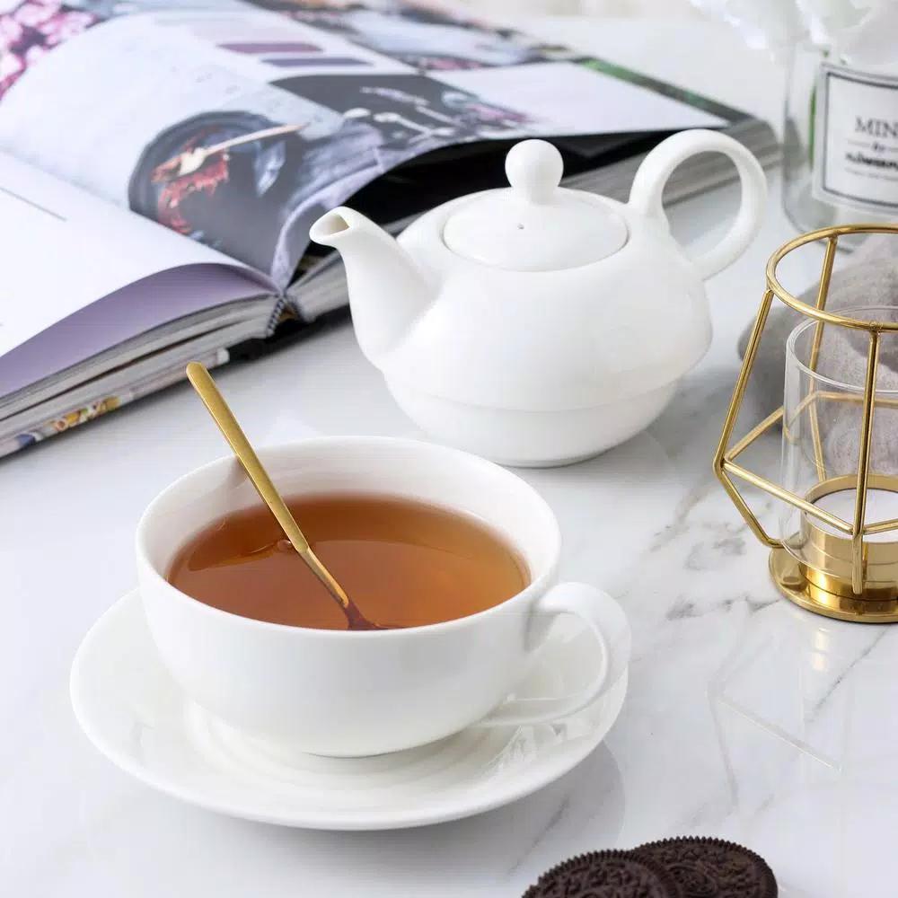 MALACASA White Porcelain Tea for One Set - 3 Piece Teapot, Teacup and Saucer Set
